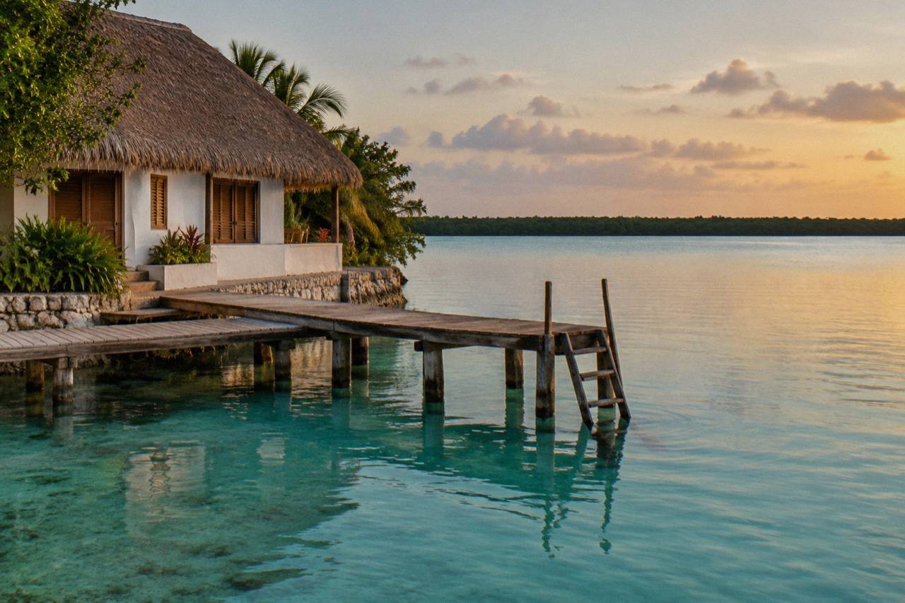 A private wooden dock in front of a small lakeside guesthouse on Bacalar Lagoon